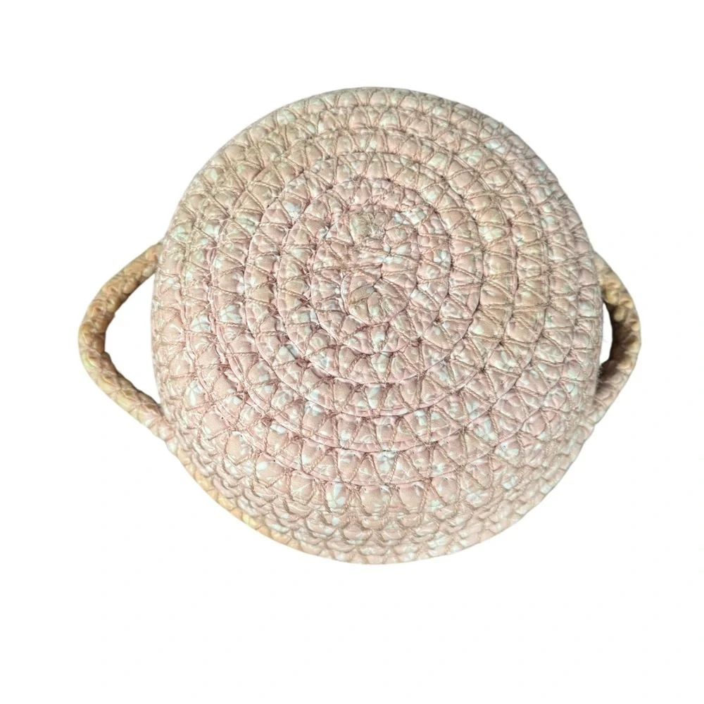 Handmade Crochet Rag Basket White Pink Cottagecore Country Gift Storage Handles